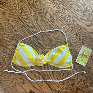 Hobie yellow and white striped halter bandeau bikini top NWT $34 medium rope tie